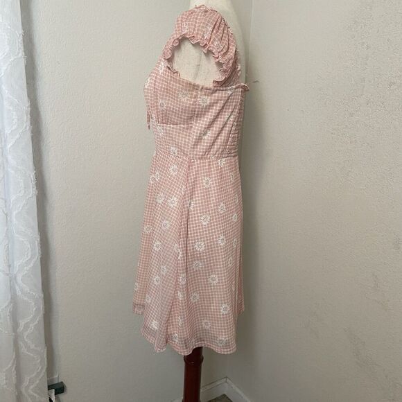 Y2K No Boundaries Pink Gingham Babydoll Dress Floral Milkmaid Cottagecore Size L - Picture 4 of 9